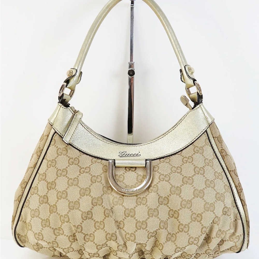 💯Authentic GUCCI Brown GG Canvas and Gold Leather Tote Hand Bag Purse #46709